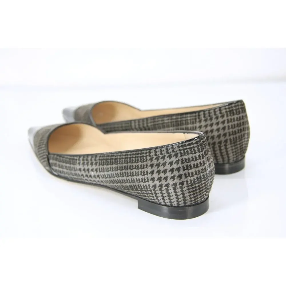 Manolo Blahnik Grey Houndstooth Tweed Ahalaya Cap Toe Ballet Flats